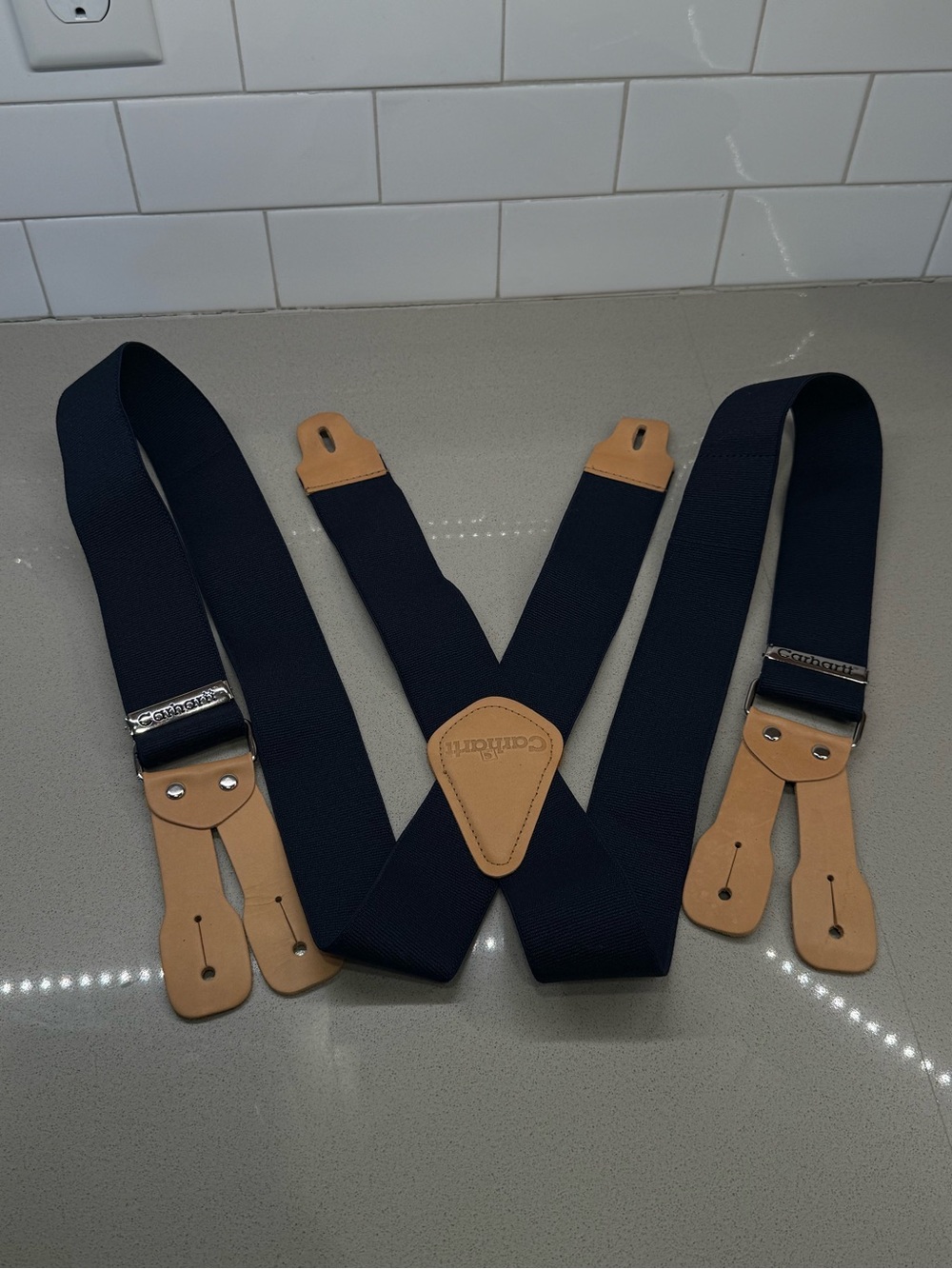 Carhartt Men's Rugged Flex Elastic Button Clasp Utility Suspenders in navy blue